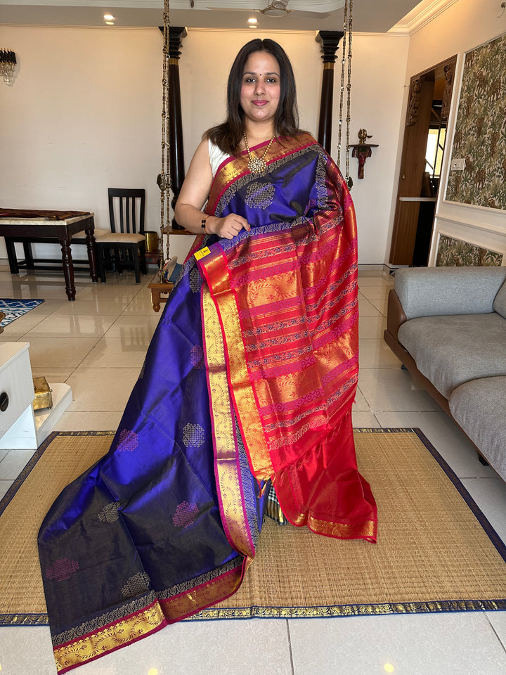 Blue with Red Vairaoosi Kolam Handblock Printed Silk Cotton Saree