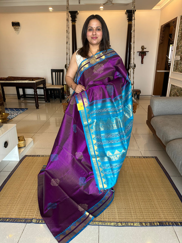 Purple with Blue Vairaoosi Rettapet Kolam Handblock Printed Silk Cotton Saree