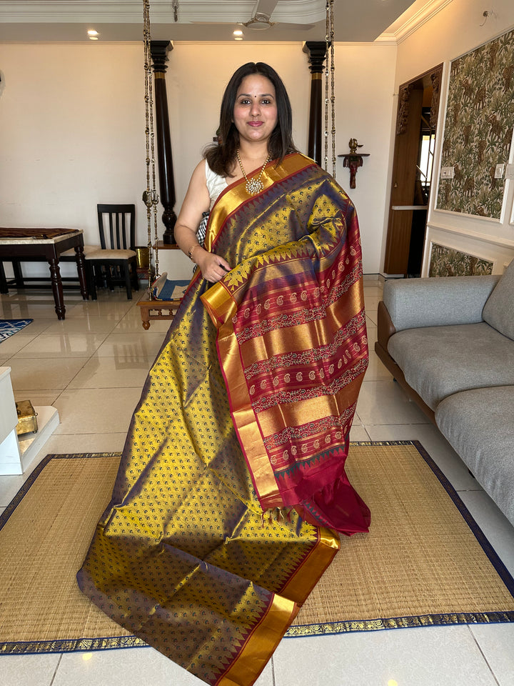 Dark Fenugreen with Red All over Handblock Printed Silk Cotton Saree