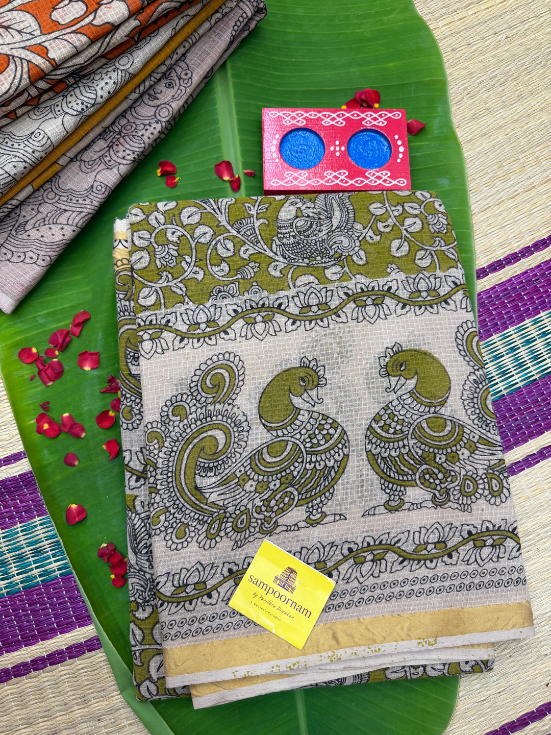 Green Kalamkari Prints in the body and Pallu Pure Kota Cotton Saree