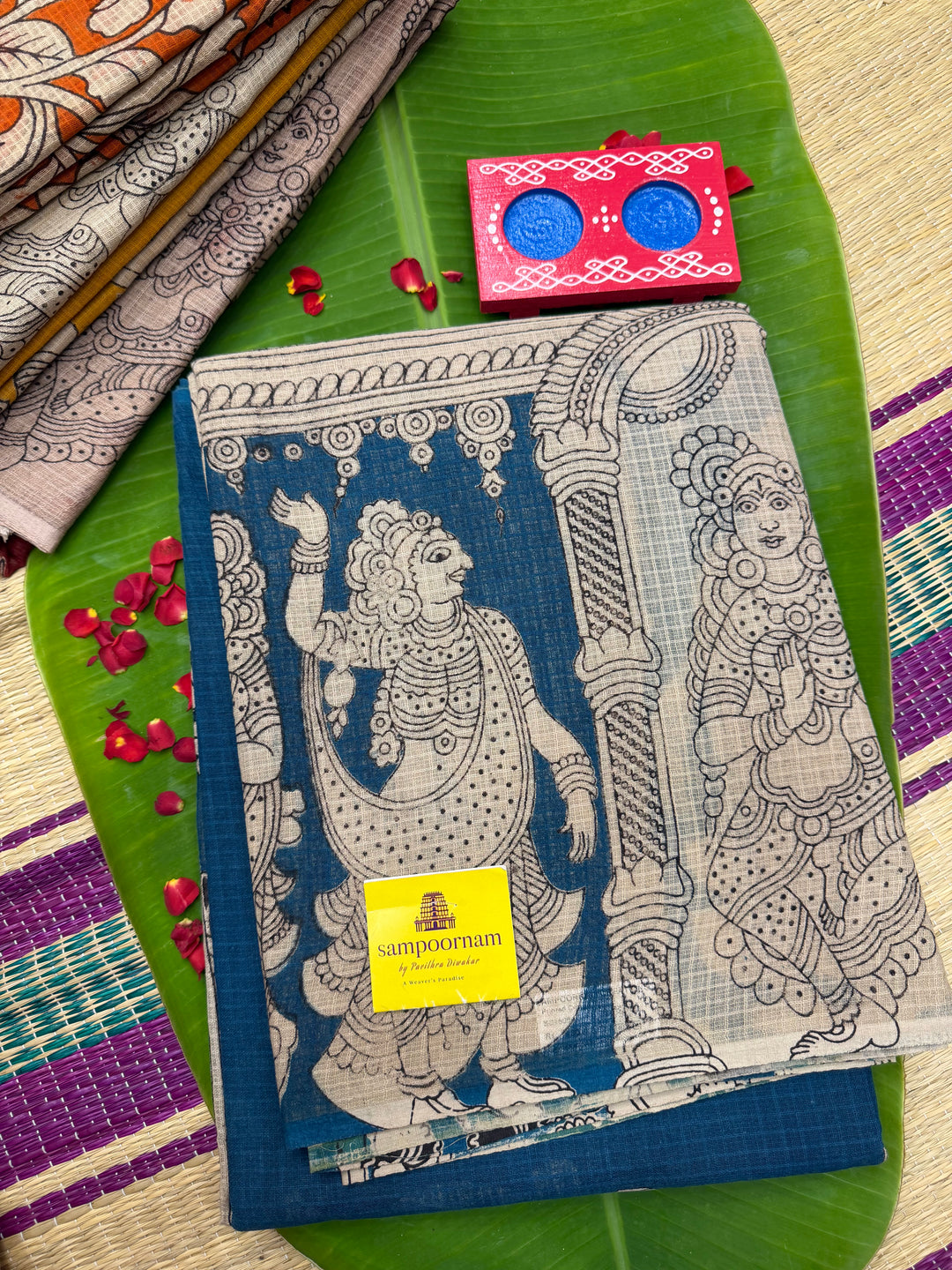 Blue Kalamkari Prints in the body and Pallu Pure Kota Cotton Saree