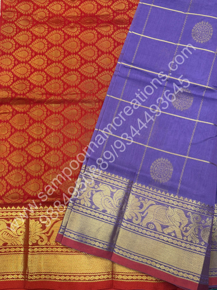 Lavender with Red , Rich Mayil and Chakram butta in the body with Zari Checks , Traditional borders and Rich Pallu Pure Silk Cotton Saree