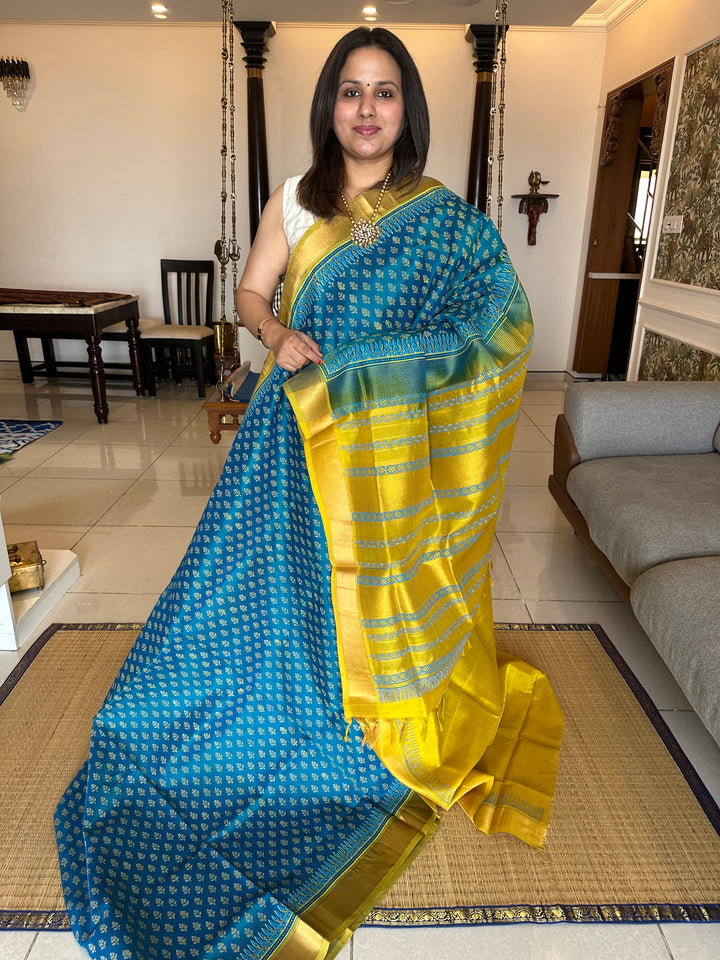 Blue with Lemon Yellow Allover Handblock Printed Silk Cotton Saree