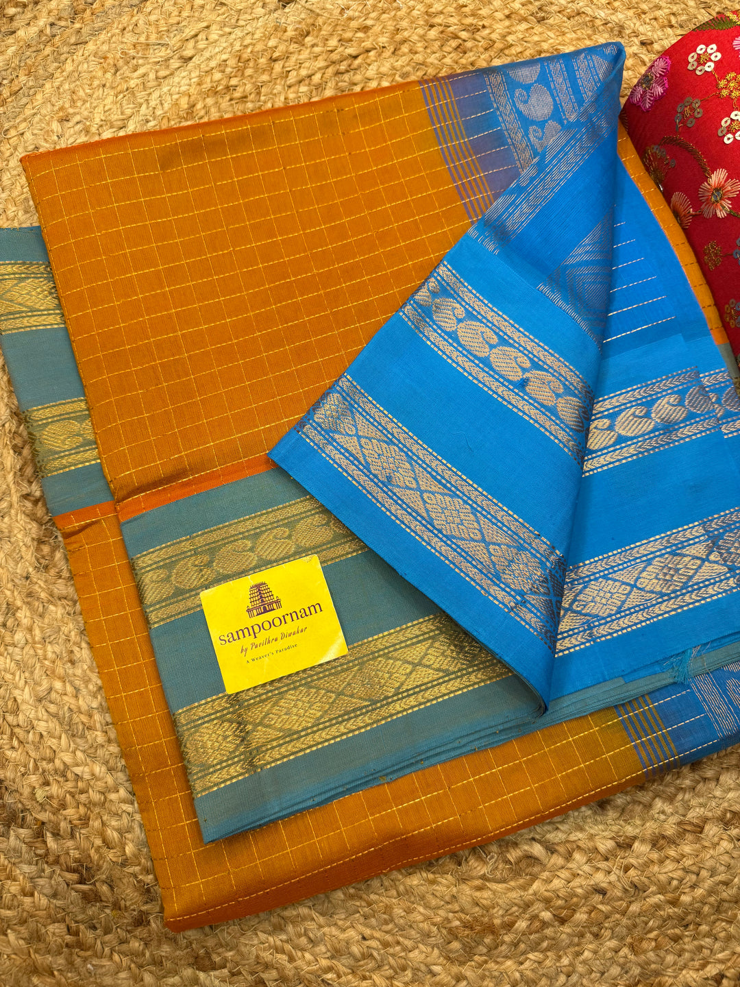 Orange with Blue , Zari Kattam in the Body, Traditional Rettapet Borders and Rich Pallu Semi Silk Cotton Saree