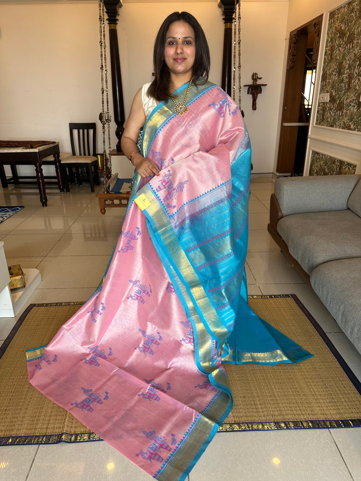 Baby Pink with Blue Terracota Motif Handblock Printed Silk Cotton Saree