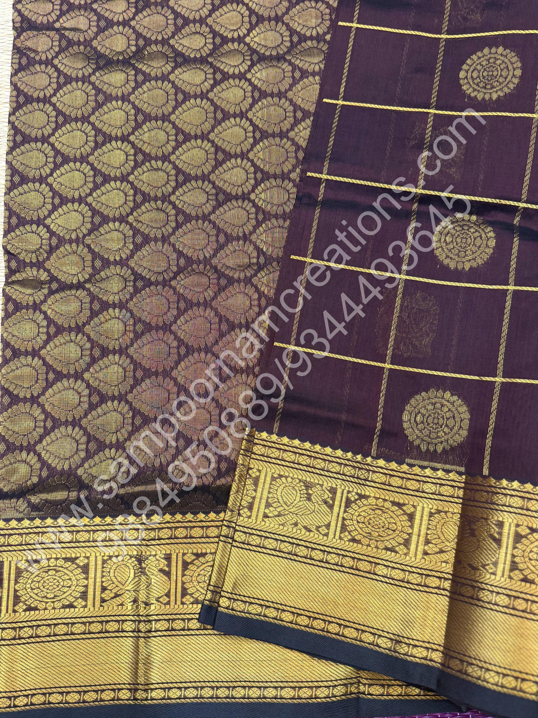 Cofee Brown , Rich Mayil and Chakram butta in the body with Zari Checks , Traditional borders and Rich Pallu Pure Silk Cotton Saree