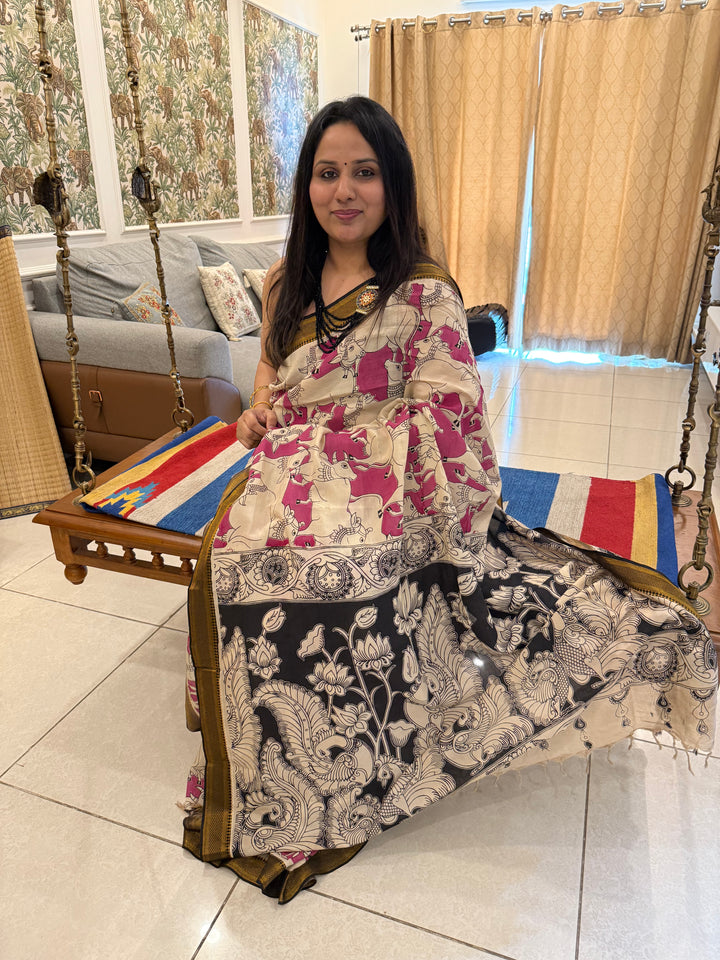 Pink with Black , Kalamkari print in the body , Pallu and Blouse Semi Maheswari Silk Saree