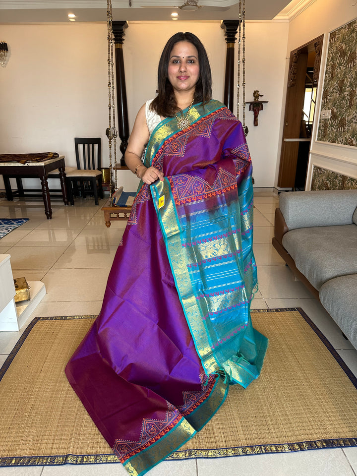 Purple with Blue Vairaoosi Handblock Printed Silk Cotton Saree