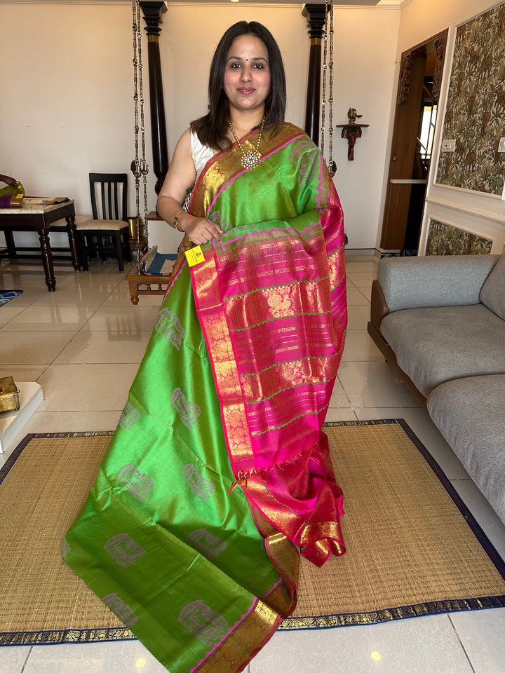 Green with Pink Vairaoosi Handblock Printed Silk Cotton Saree