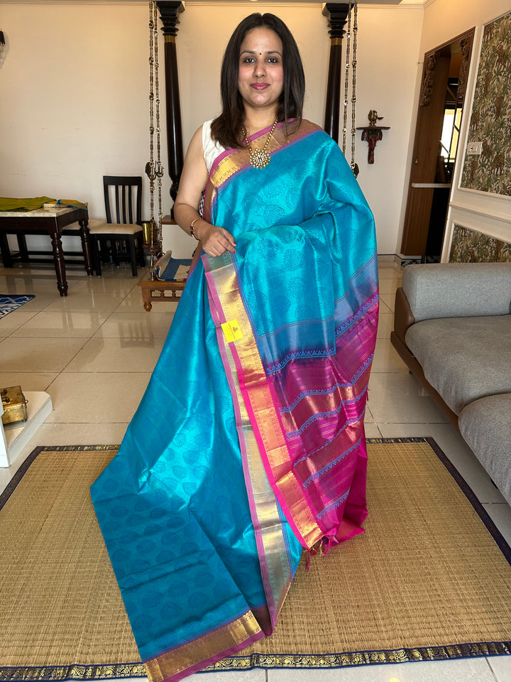 Blue with Pink Allover Handblock Printed Silk Cotton Saree