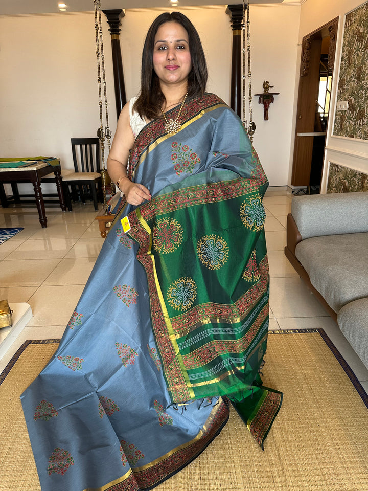 Grey with Green Handblock Printed Silk Cotton Saree