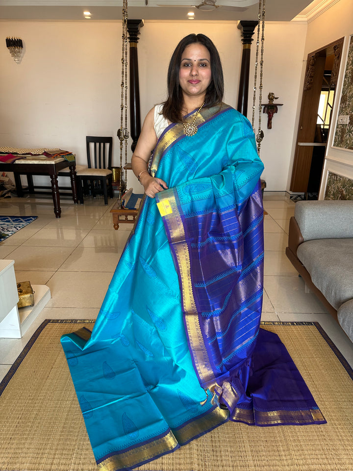 Blue with Blue Handblock Printed Silk Cotton Saree