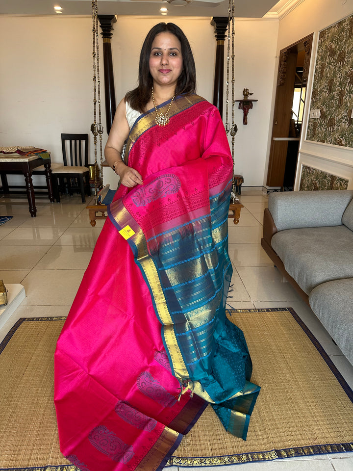 Dark Pink with Mayilkazhuthu Handblock Printed Silk Cotton Saree