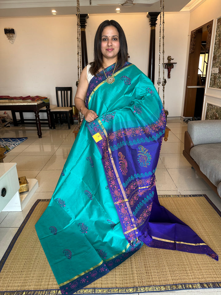 Blue with Blue Handblock Printed Silk Cotton Saree