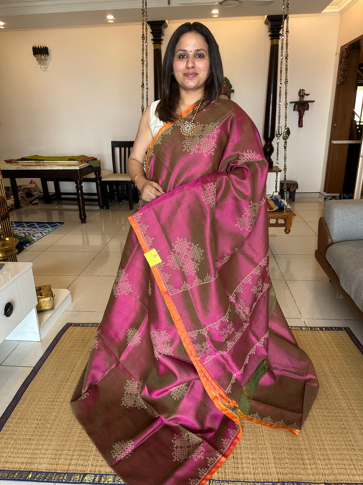 Magenta KOLAM Handblock Printed Silk Cotton Saree