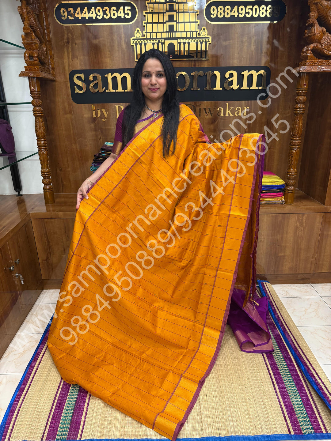 Orange with Vadamalli , checks in the body and rain drop thread butta in the body and Pallu Semi Silk Cotton Saree