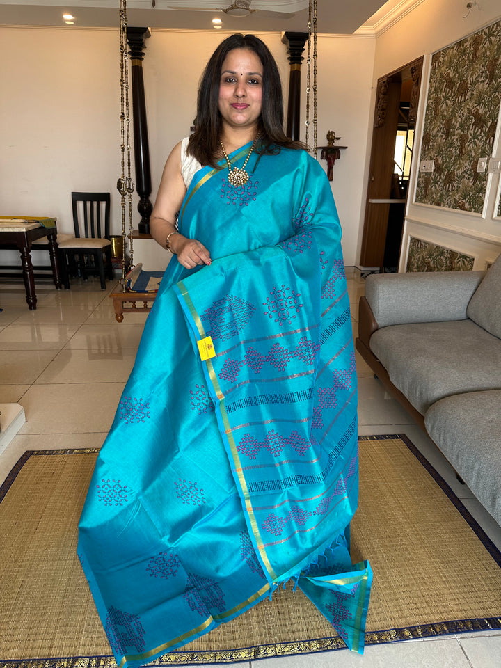 Blue  Handblock Printed Silk Cotton Saree