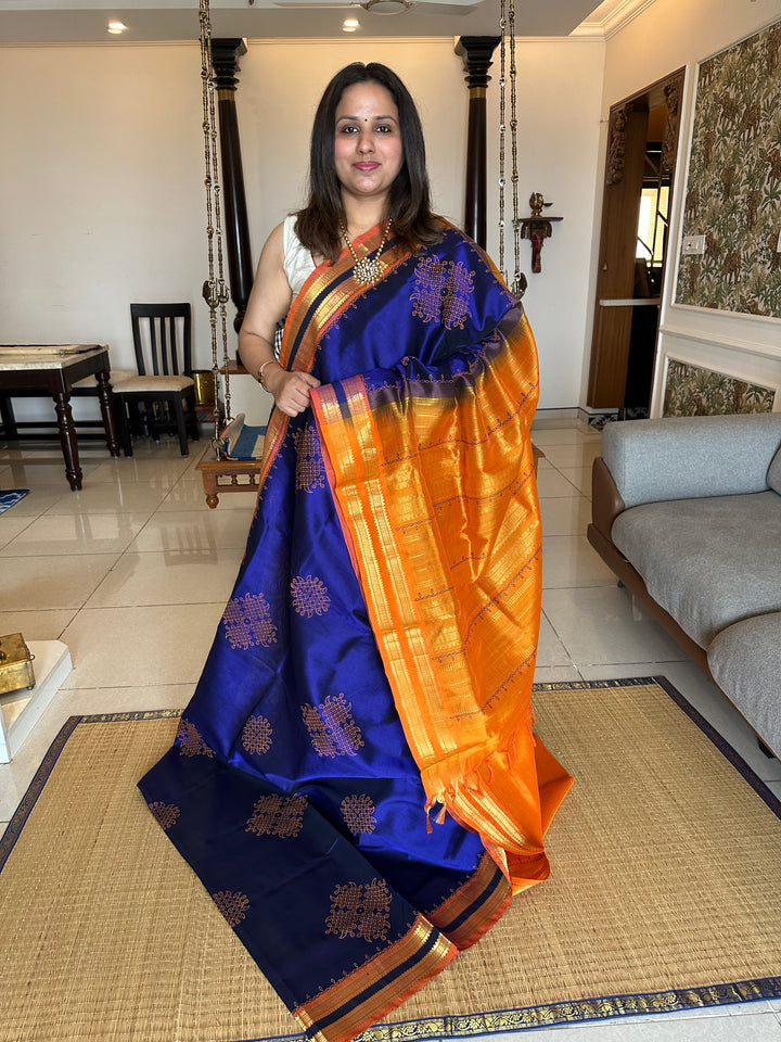 Blue with Orange Rettapet Kolam Handblock Printed Silk Cotton Saree