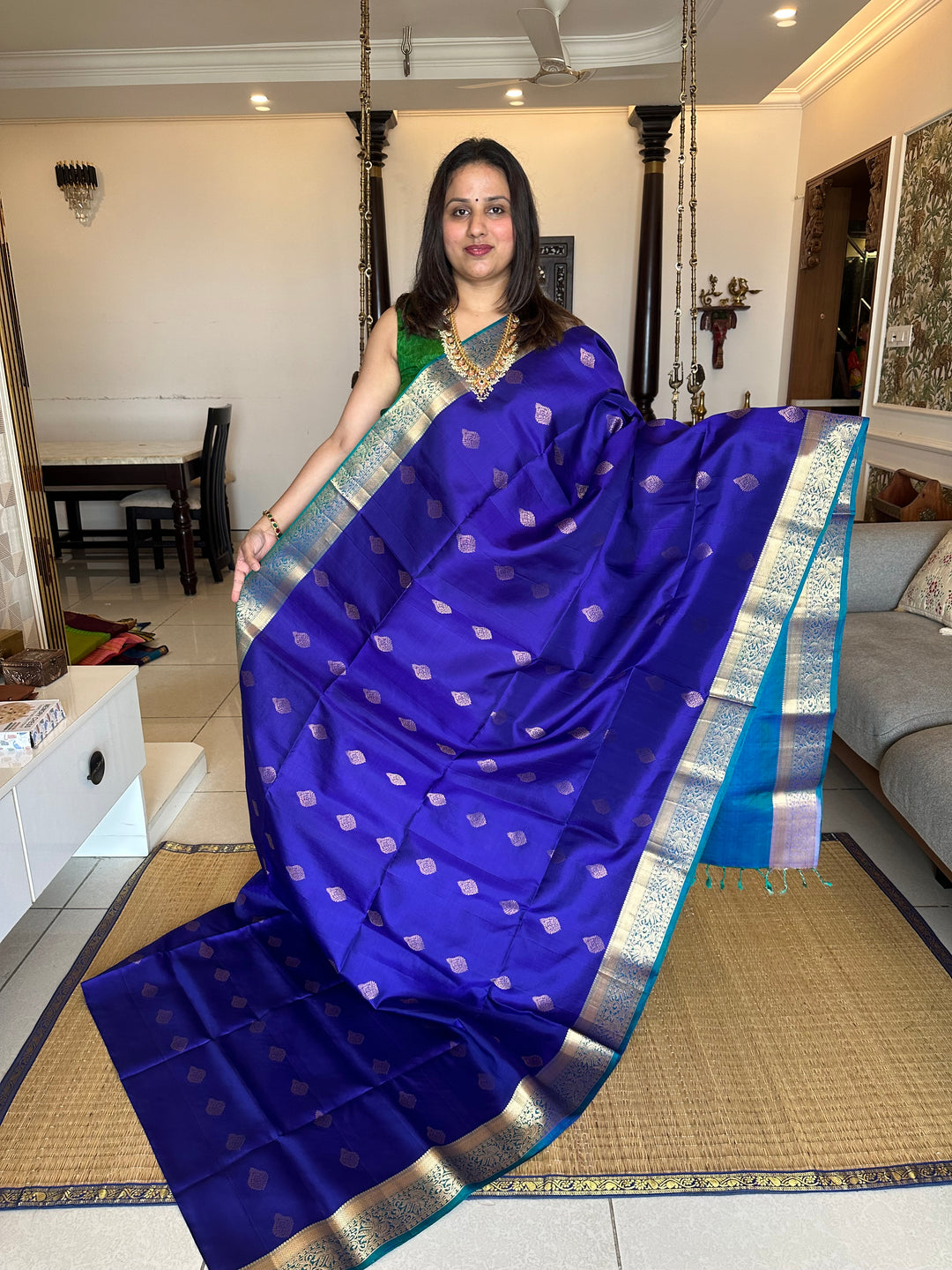 Dark Blue with Light Blue Rich Zari Butta and Grand Border and Pallu Pure Soft Silk Saree