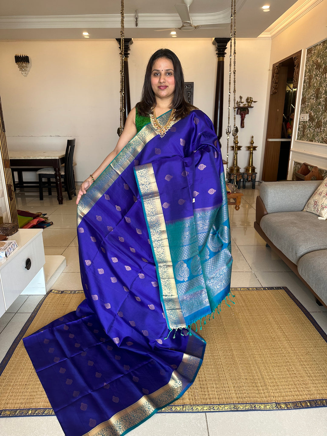 Dark Blue with Light Blue Rich Zari Butta and Grand Border and Pallu Pure Soft Silk Saree