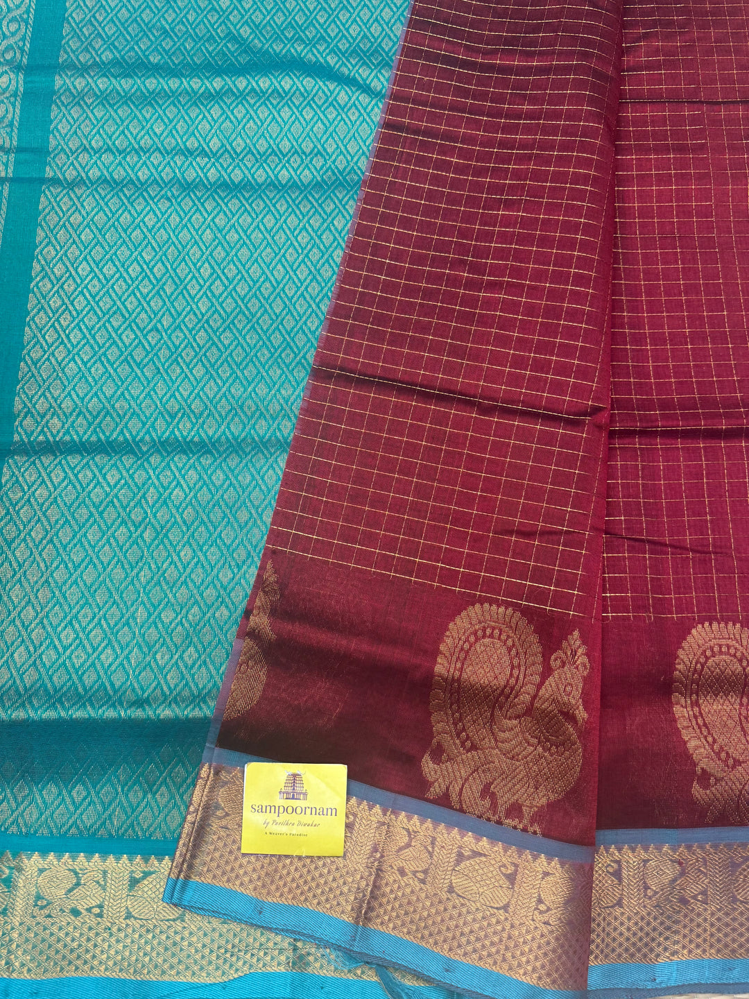 Maroon with Green , Zari Checks in the body with One side Annam Motif in the borders , Rich Pallu Silk Cotton Saree