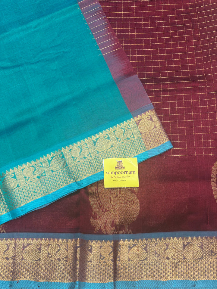 Maroon with Green , Zari Checks in the body with One side Annam Motif in the borders , Rich Pallu Silk Cotton Saree