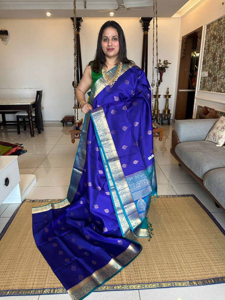 Dark Blue with Light Blue Rich Zari Butta and Grand Border and Pallu Pure Soft Silk Saree