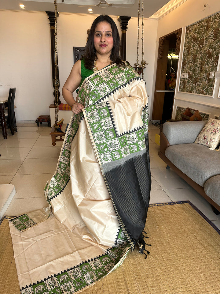 Offwhite with Black Handblock Printed Annam and Elephant Border with Vairaoosi blouse and Pallu Pure Soft Silk Saree