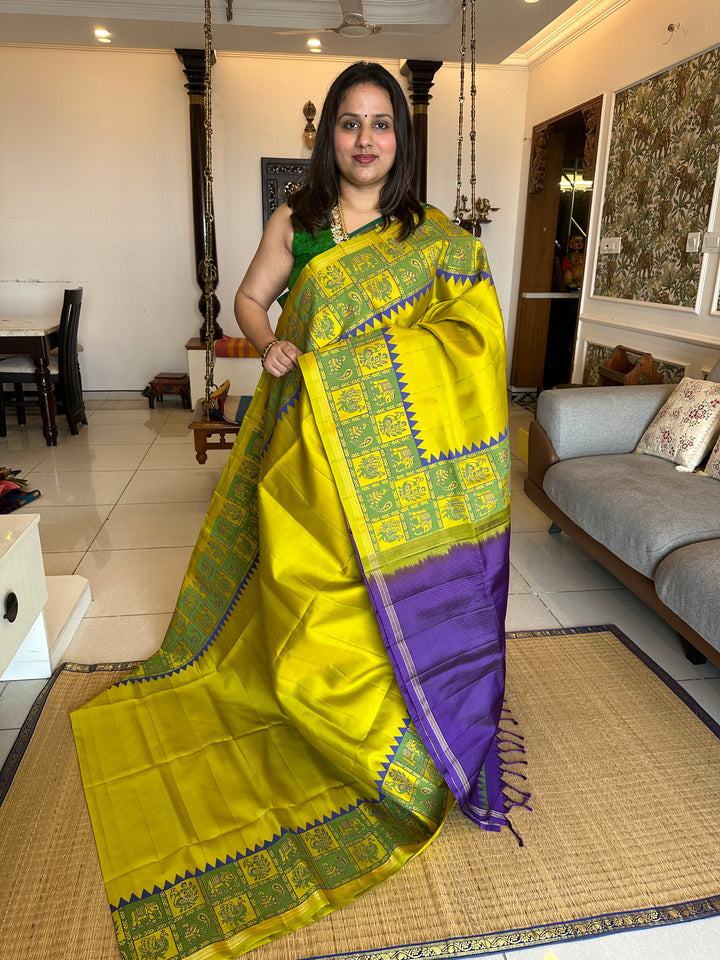 Lemon Yellow with Purple Annam and Elephant Handblock Printed Border with Vairaoosi Pallu Pure Soft Silk Saree