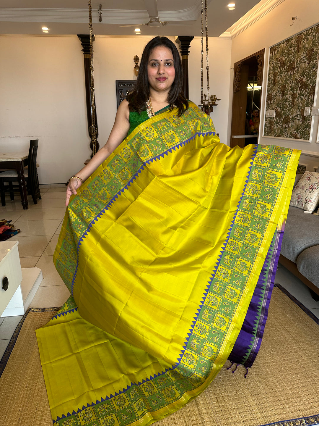 Lemon Yellow with Purple Annam and Elephant Handblock Printed Border with Vairaoosi Pallu Pure Soft Silk Saree