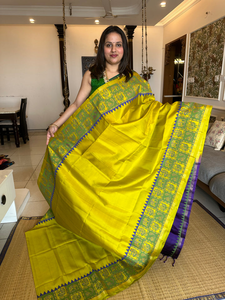 Lemon Yellow with Purple Annam and Elephant Handblock Printed Border with Vairaoosi Pallu Pure Soft Silk Saree