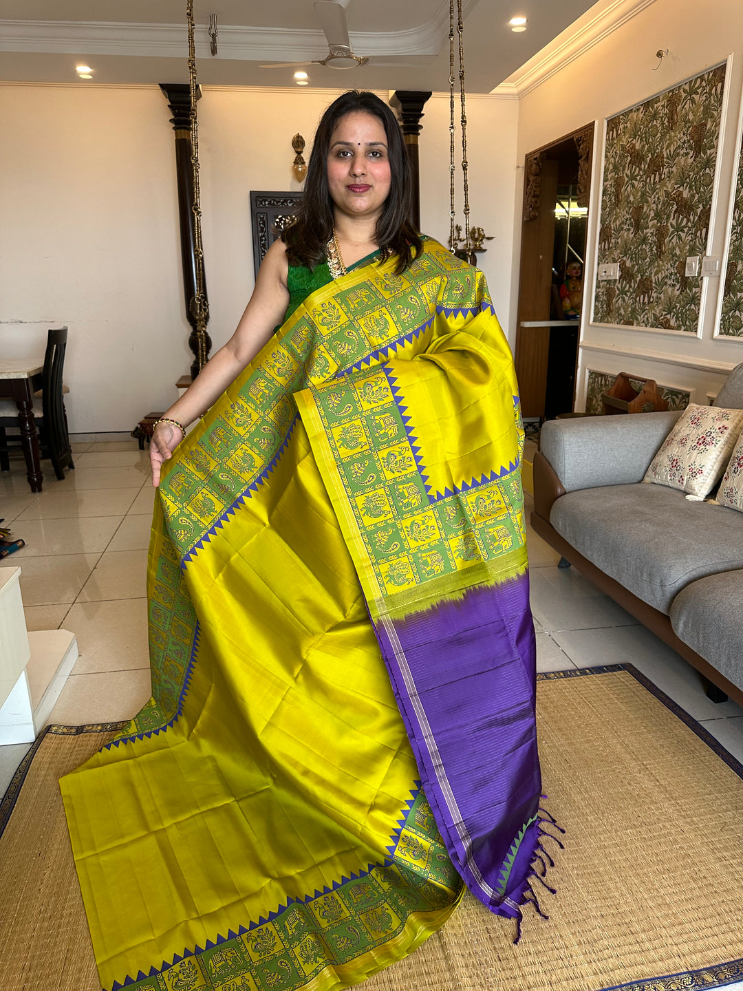 Lemon Yellow with Purple Annam and Elephant Handblock Printed Border with Vairaoosi Pallu Pure Soft Silk Saree