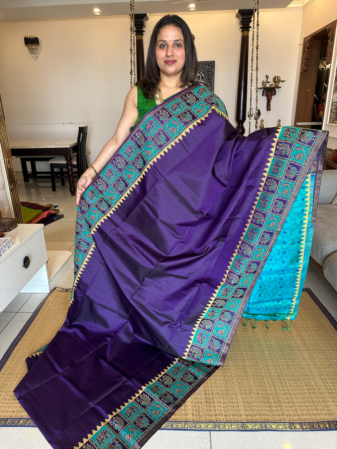 Purple with Turquoise Blue , Handblock Printed Annam and Elephant Border with Pochampally Blouse and Pallu Pure Soft Silk Saree