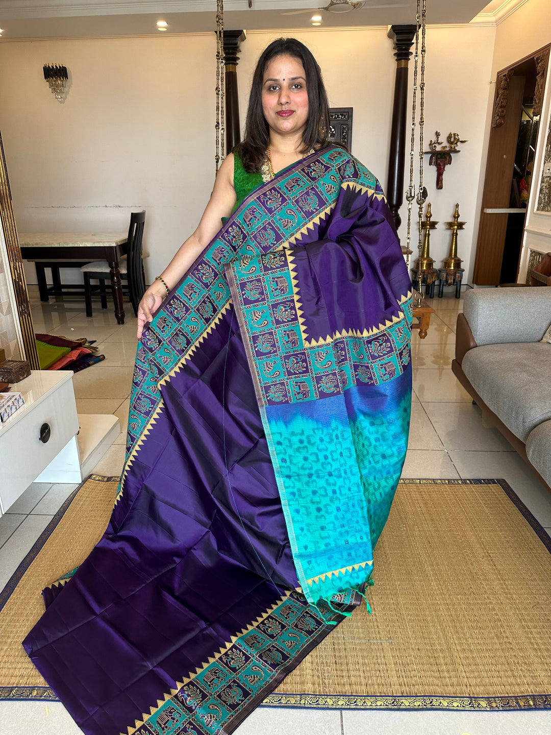 Purple with Turquoise Blue , Handblock Printed Annam and Elephant Border with Pochampally Blouse and Pallu Pure Soft Silk Saree