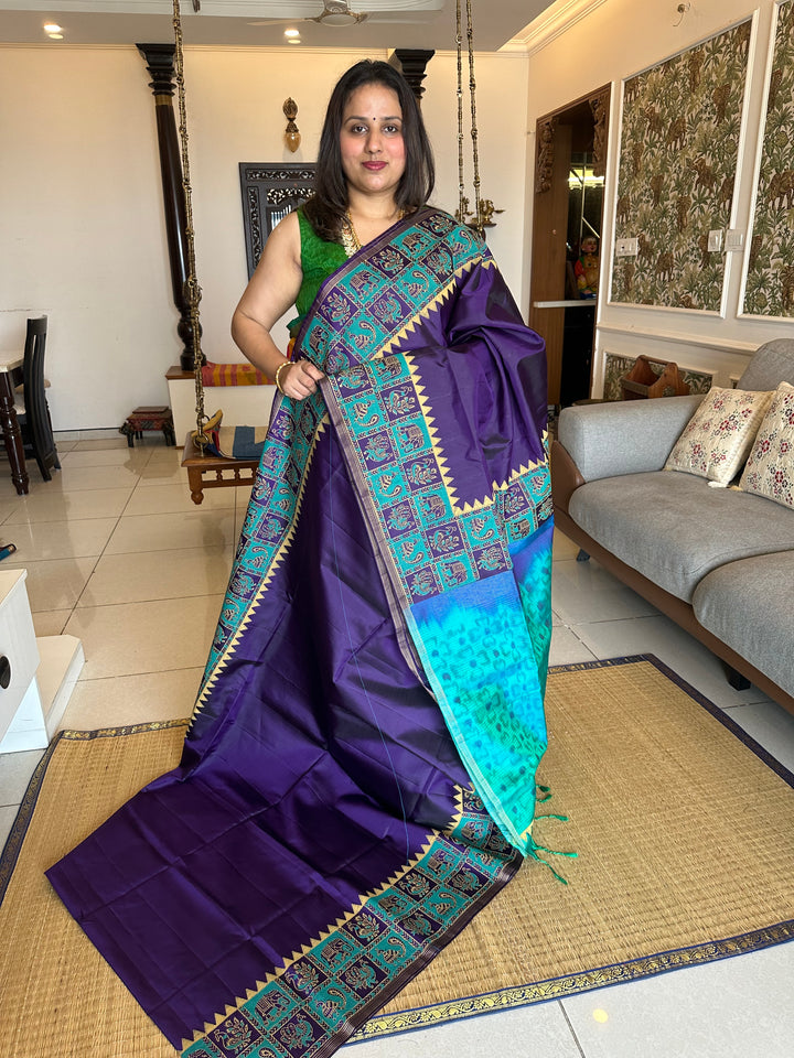 Purple with Turquoise Blue , Handblock Printed Annam and Elephant Border with Pochampally Blouse and Pallu Pure Soft Silk Saree