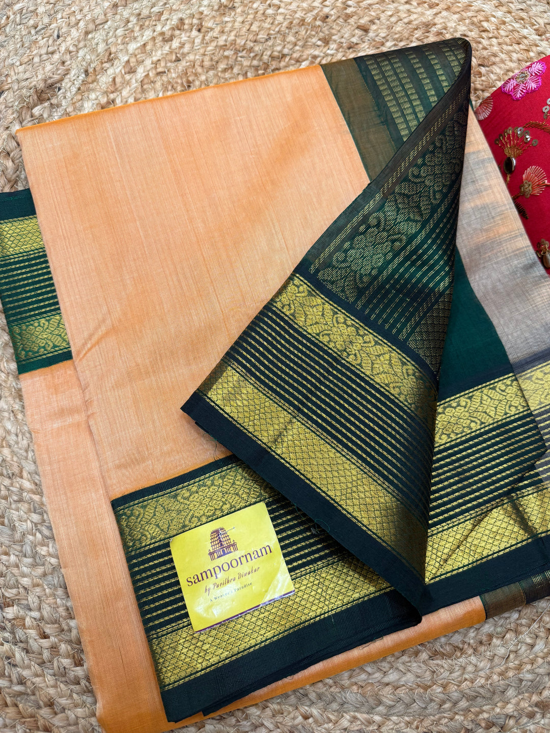 Peach with Dark Green  , Traditional borders and Rich Pallu Korvai Silk Cotton Saree