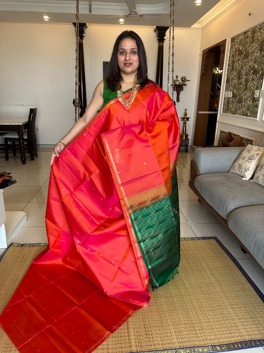 Orangish Red & Green Zari Butta in the body and Mayil Border - Rich Pallu Pure Soft Silk Saree