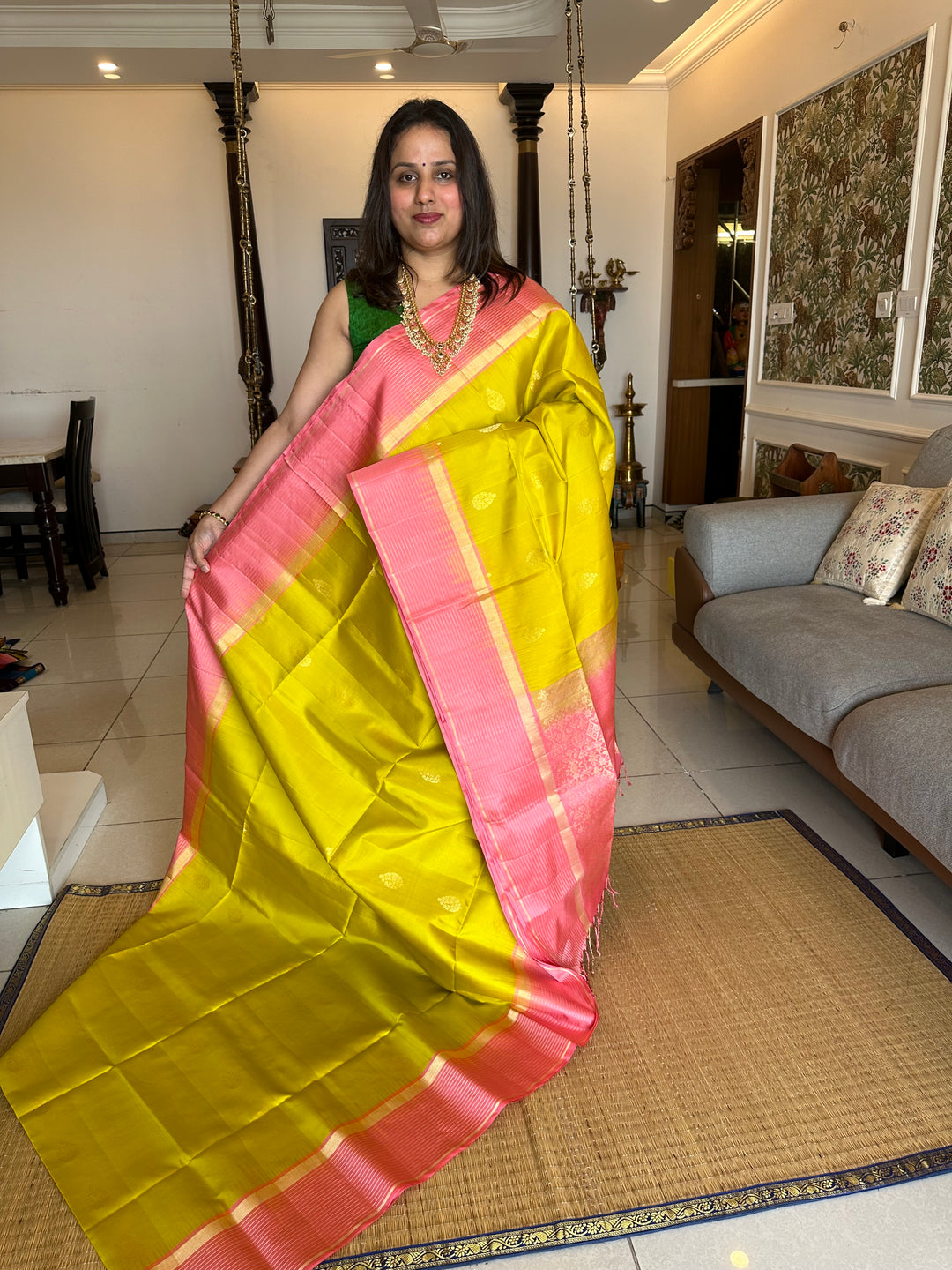 Lemon yellow with Baby Pink Rich Zari Butta and Grand Pallu and Vairaoosi Lines in Border - Pure Soft Silk Saree