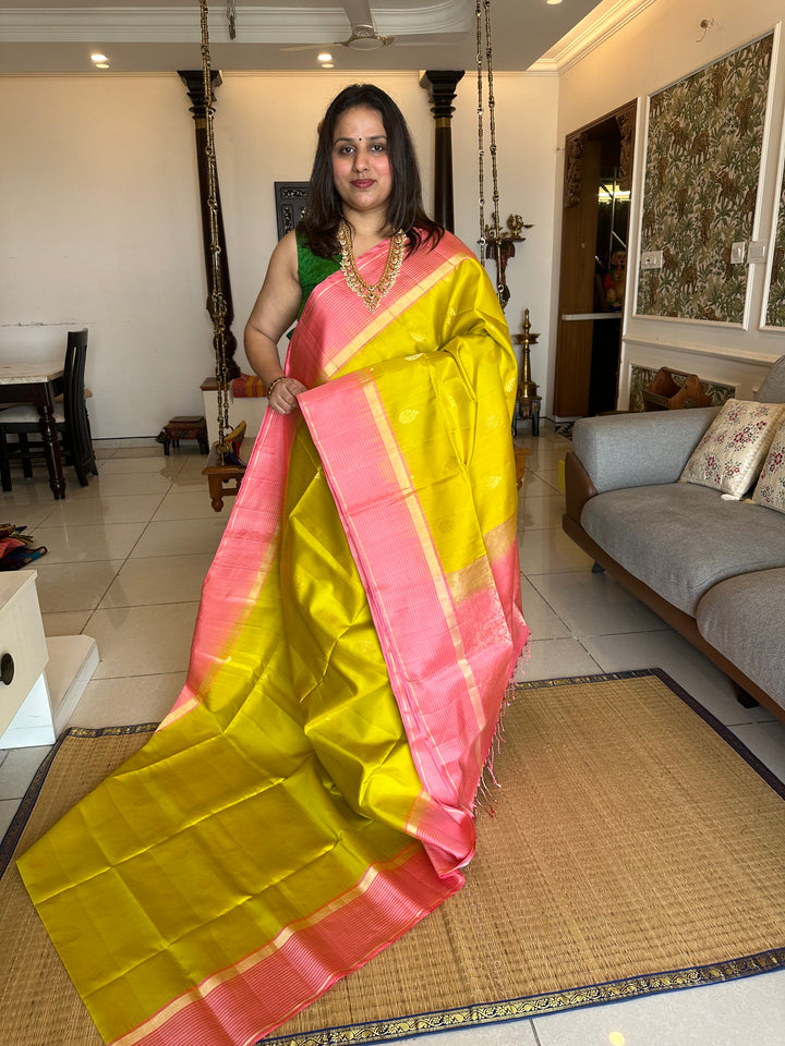 Lemon yellow with Baby Pink Rich Zari Butta and Grand Pallu and Vairaoosi Lines in Border - Pure Soft Silk Saree