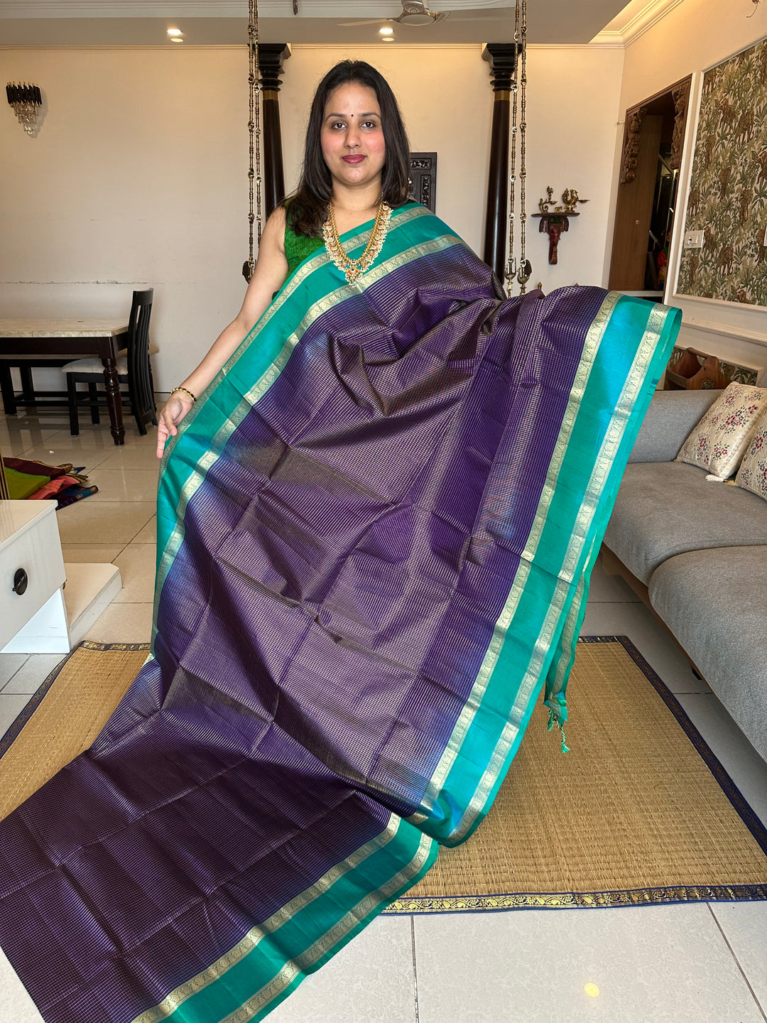 Dark Blue with Light Blue Zari Podi Kattam Rettapet Border Rich Pallu , Pure Soft Silk Saree