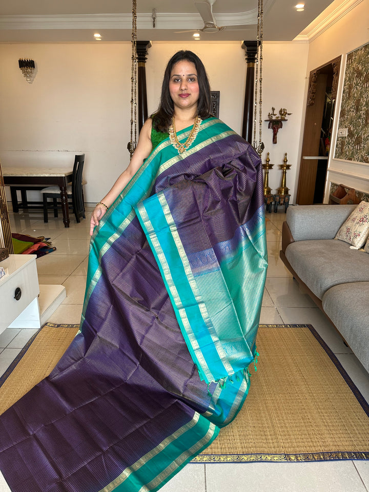 Dark Blue with Light Blue Zari Podi Kattam Rettapet Border Rich Pallu , Pure Soft Silk Saree