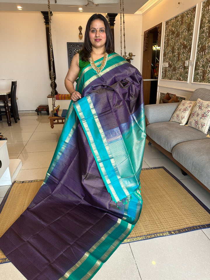 Dark Blue with Light Blue Zari Podi Kattam Rettapet Border Rich Pallu , Pure Soft Silk Saree