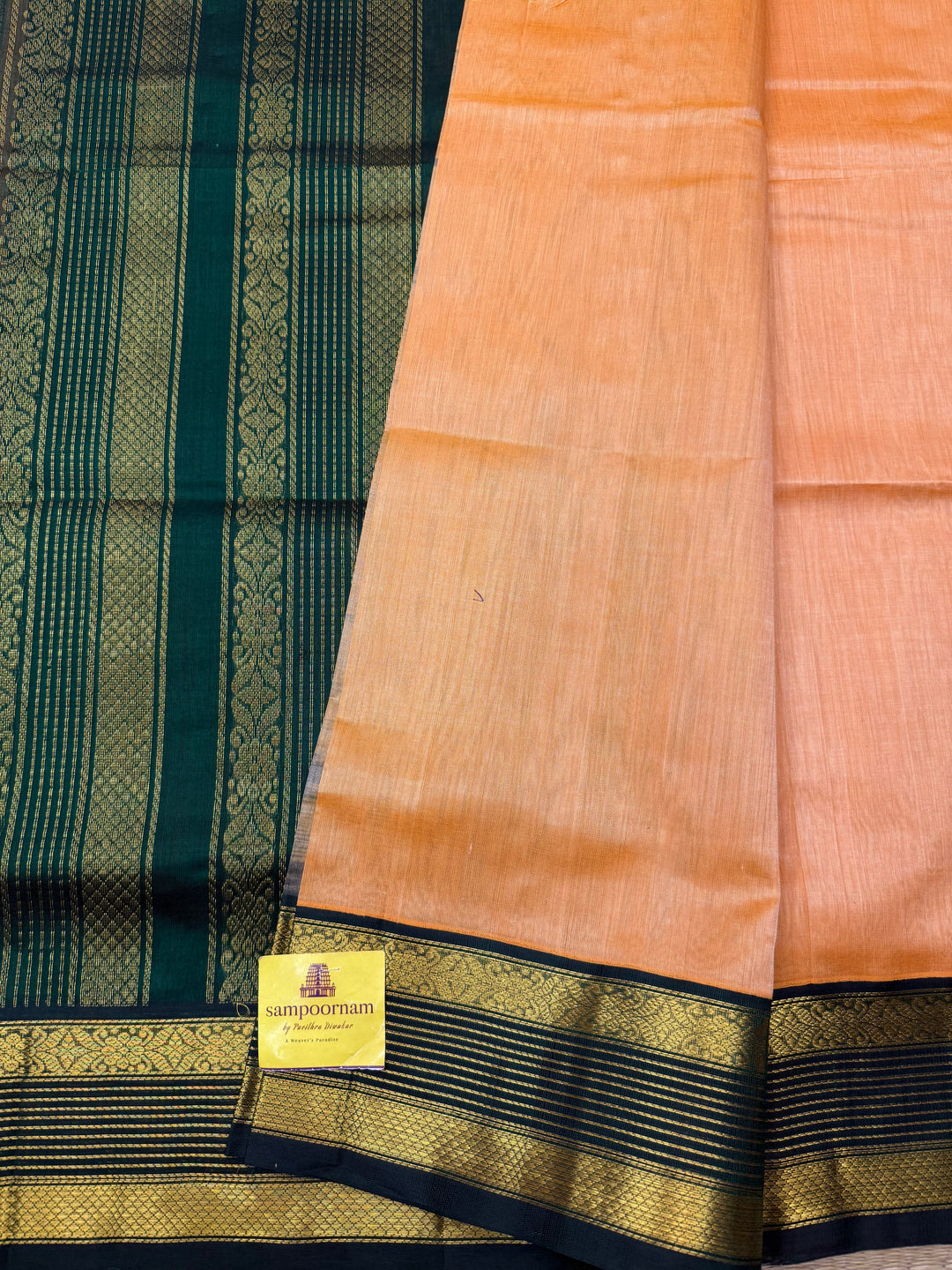 Peach with Dark Green  , Traditional borders and Rich Pallu Korvai Silk Cotton Saree