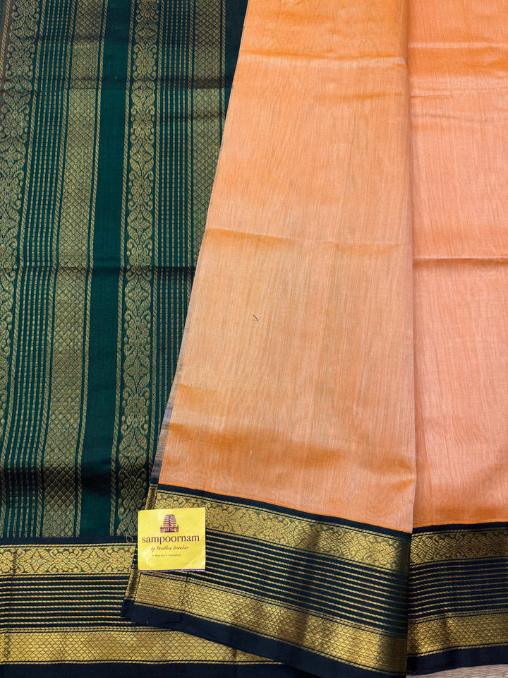 Peach with Dark Green  , Traditional borders and Rich Pallu Korvai Silk Cotton Saree