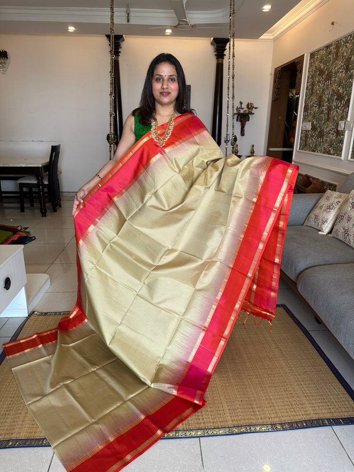 Offwhite with Pinkish Orange Zari Podi Kattam , Rettapet Border Rich Pallu