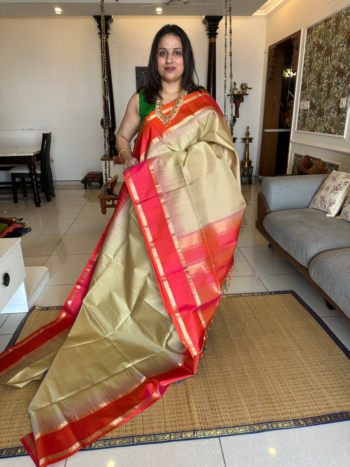 Offwhite with Pinkish Orange Zari Podi Kattam , Rettapet Border Rich Pallu