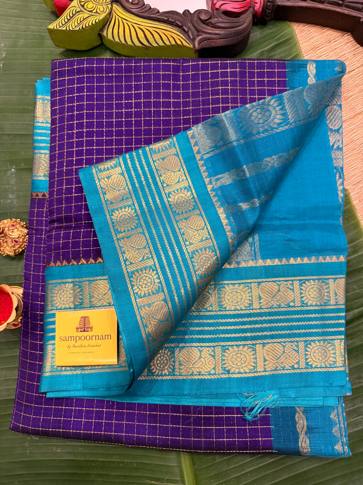 Dark Blue with Light Blue , Zari Kattam in the Body Traditional Borders and Rich Pallu Korvai Silk Cotton Saree