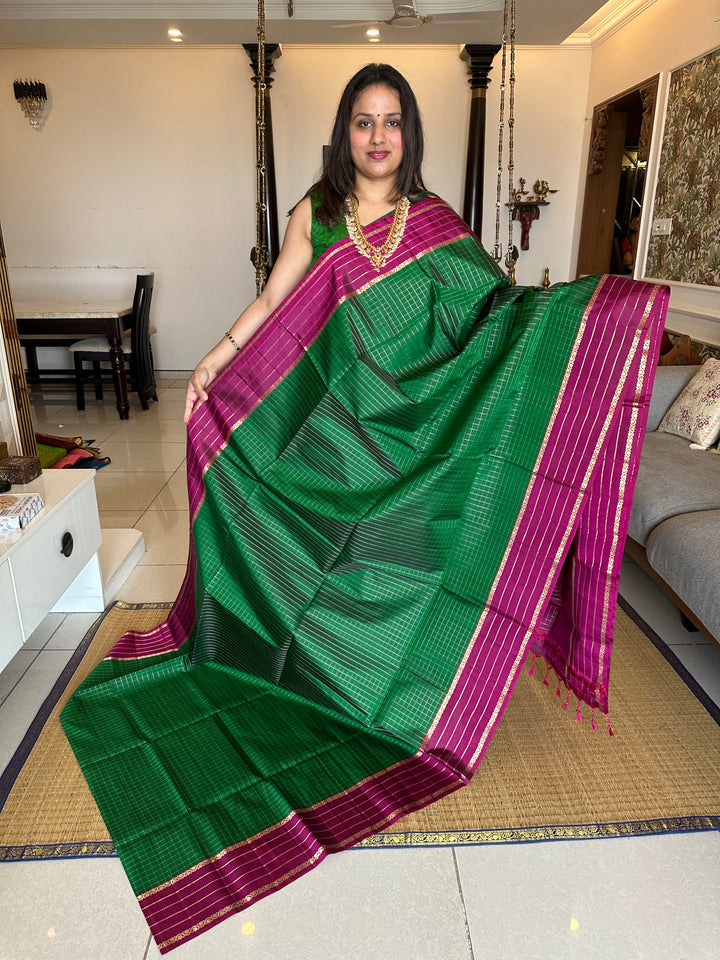 Dark Green with Magenta Body Checks , Rich Pallu Pure Soft Silk Saree