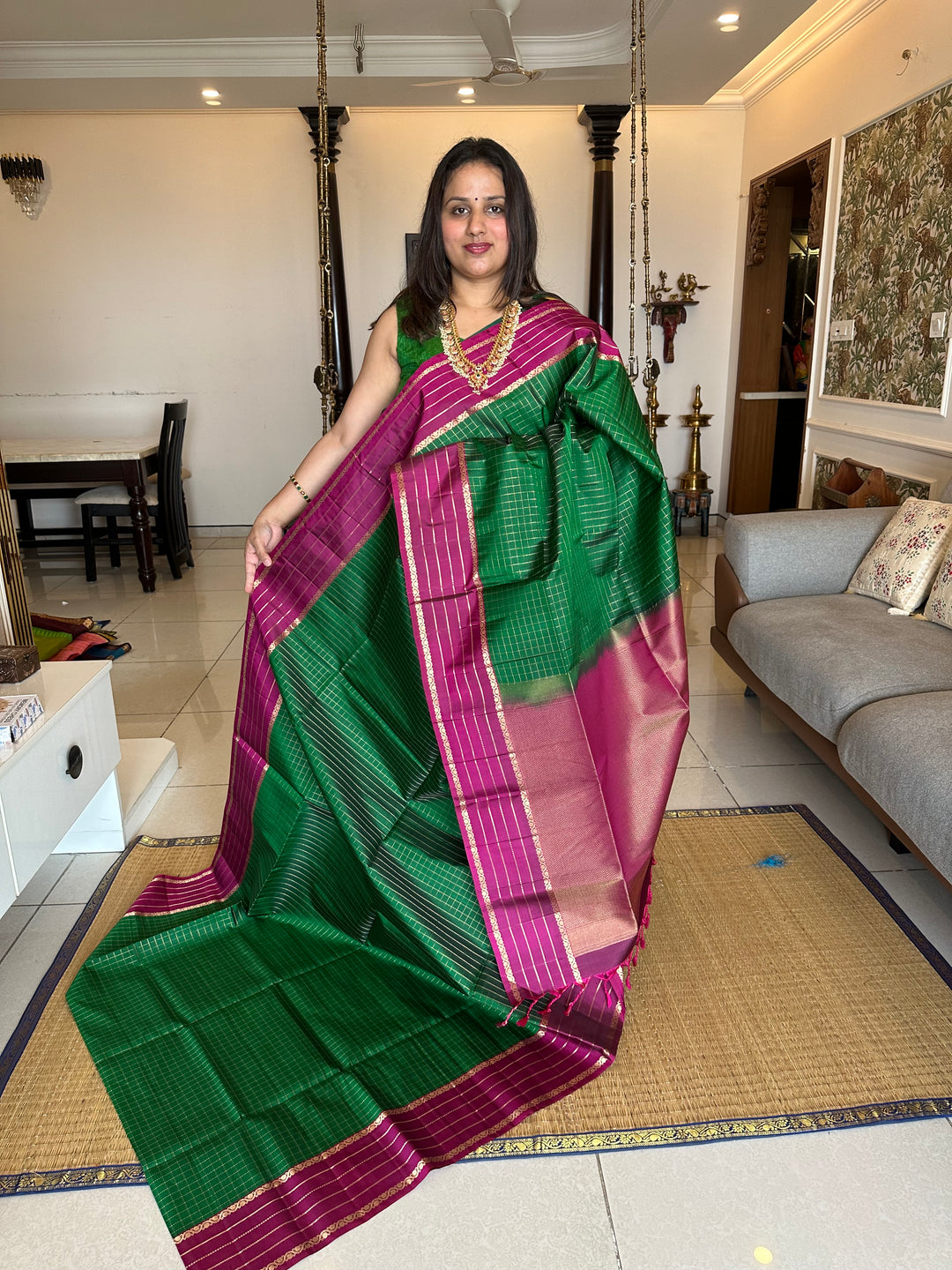 Dark Green with Magenta Body Checks , Rich Pallu Pure Soft Silk Saree