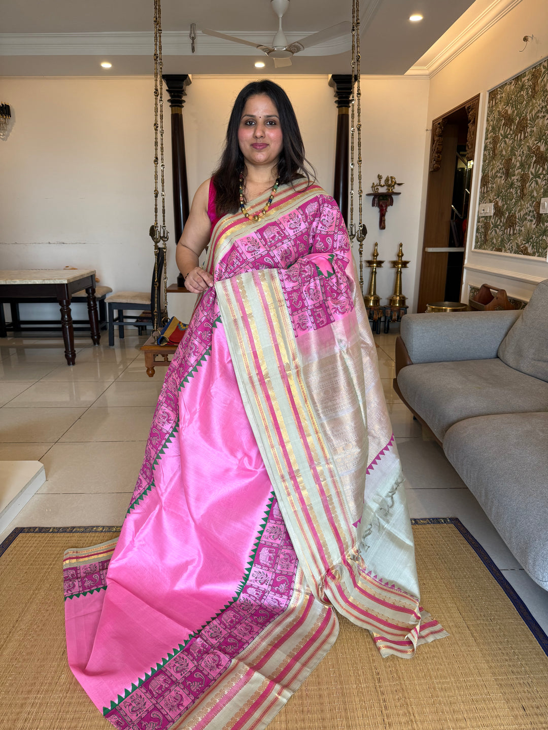 Baby Pink with Light Elaichi, Annam and Elephant Handblock Printed Korvai Silk Cotton Saree